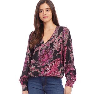 Karen Kane Paisley Crepe PETITE Lined V-Neck Blouse NWT Italian Fabric made USA